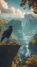 Eagle sentinel above sunlit canyon waterfalls at dawn.