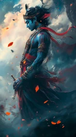 Blue-skinned robed figure with sword amid drifting clouds.