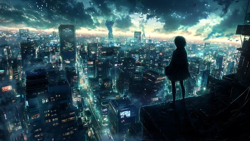 Silhouetted figure overlooks neon futuristic city at dusk