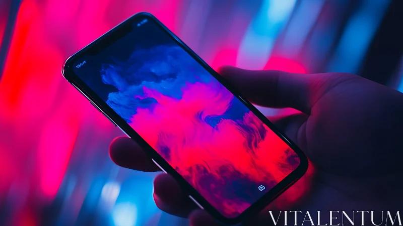 Neon smartphone display glows against a moody cyber backdrop