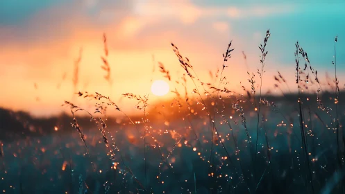 Sunlit dew and dreamy grasses glowing in soft twilight.