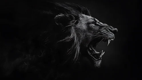 Roaring lion in shadowy monochrome bursts with fierce power.