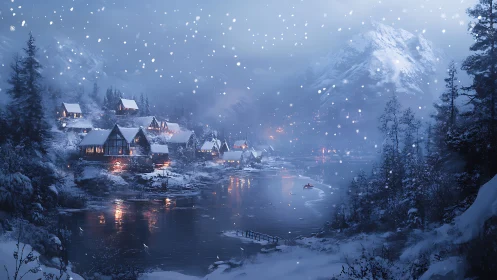 Snow-laden alpine village with illuminated cabins beside frozen river