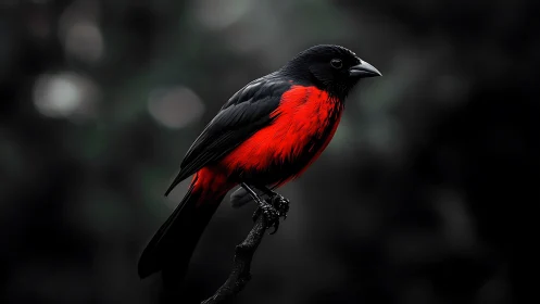 Striking Scarlet and Black Bird on Branch, Artistic Dark Background.
