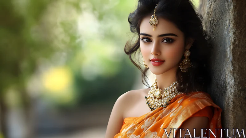 Photorealistic portrait of woman in ornate sari and jewelry.