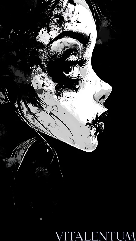 Monochrome girl’s fractured profile dissolves into darkness.