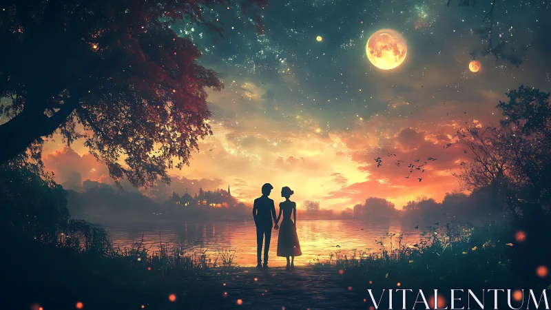 Two figures silhouetted against luminous sunset with multiple celestial bodies and layered atmospher