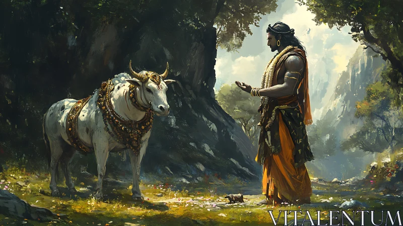 Digital painting of sacred warrior and adorned white bull in glade.