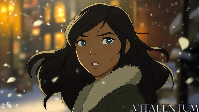 Winter street heroine turns toward drifting snowfall.