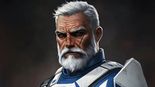 Weathered veteran in sci‑fi armor rendered with high‑detail brushwork