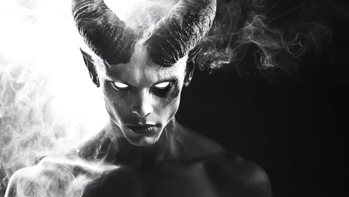 Horned humanoid figure with glowing eyes in dense smoke.