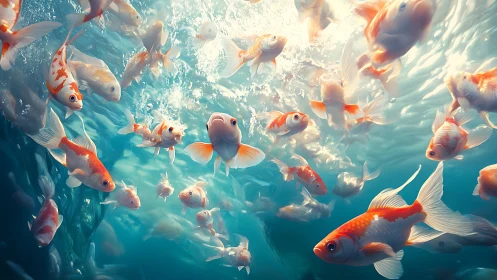 Radiant koi swirling through sunlit turquoise waters.