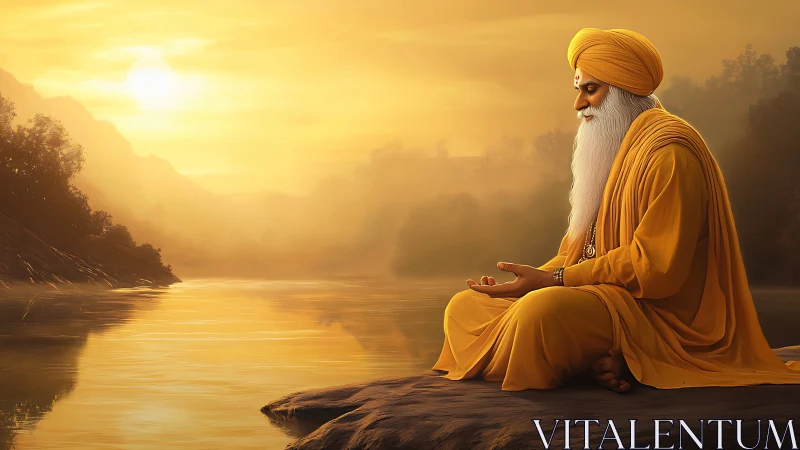 Golden-clad elder meditating by misty river at sunrise.