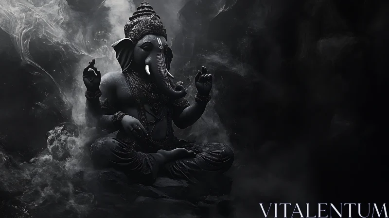Quietly radiant Ganesha statue sits in swirling dark mist