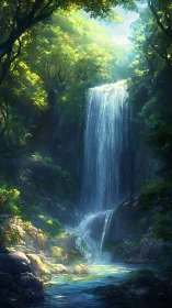 Luminous Forest Waterfall Cascading Through Verdant Canopy.