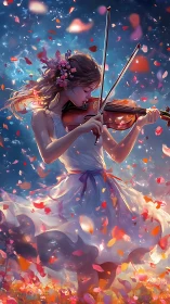 Violin girl in swirling petals under twilight sky.