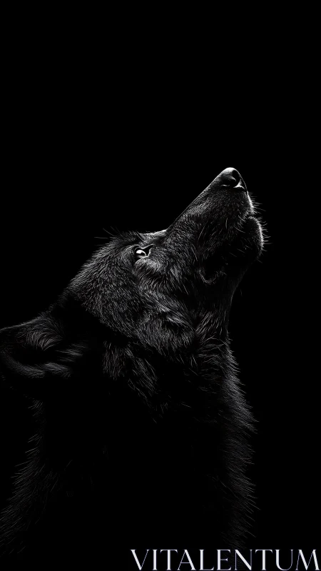 Black wolf profile gazes upward in stark low key light