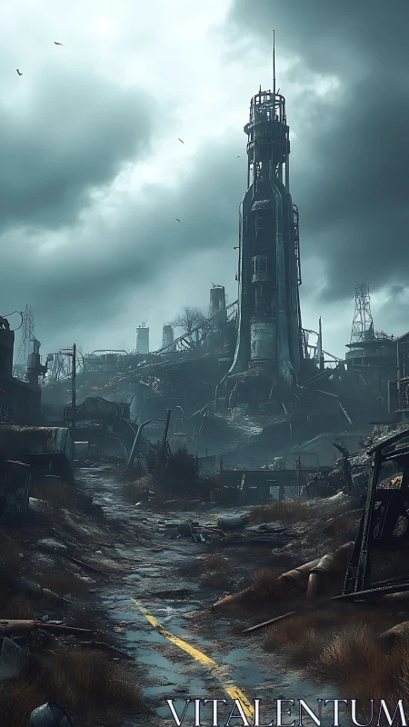 Post-apocalyptic tower dominating ruined industrial wasteland.