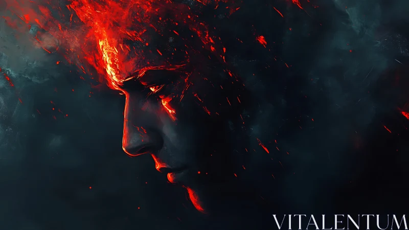 Fiery profile dissolving into embers and shadowed smoke.