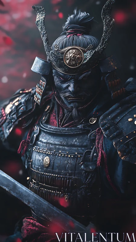 Samurai warrior in ornate armor holds sword in red-lit scene