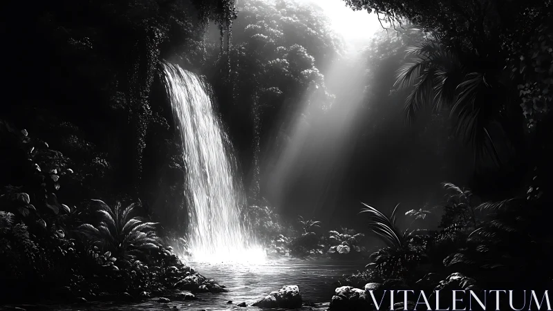 Moonlit water curtain hushes a jungle carved from shadow