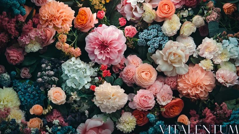 Abundant Floral Arrangement: Layered Blooms with Rich Color Palette
