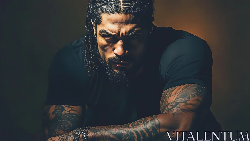 Low-key portrait shows muscular tattooed man in frontal pose