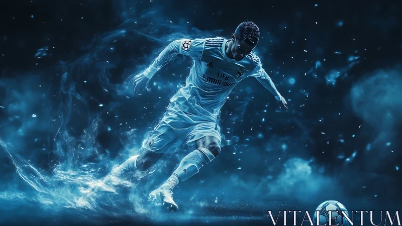 Dynamic soccer striker charges toward glowing ball in blue smoke