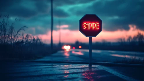 Stop sign with altered text stands beside wet rural roadway