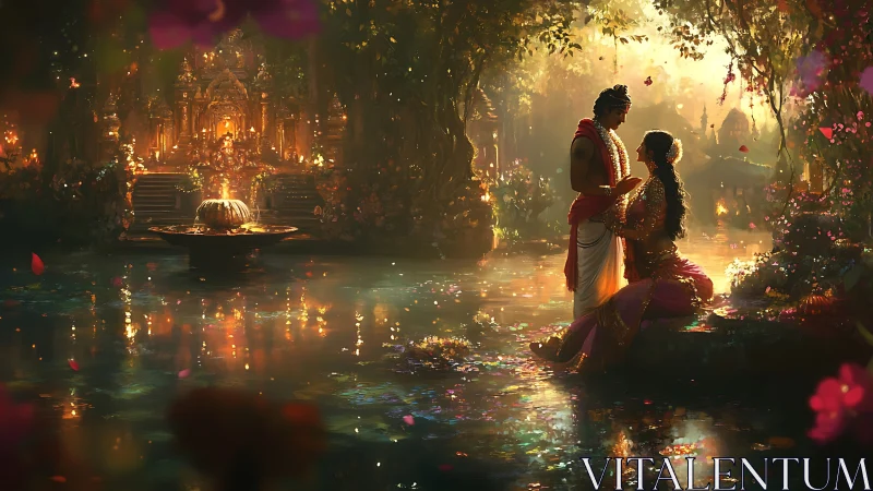 Enchanted riverside lovers before luminous temple shrine.