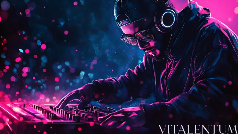 Neon lit DJ producer working on mixer in digital artwork.