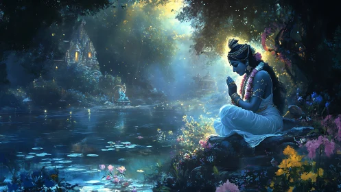 Divine blue figure meditates by luminous river in floral grove