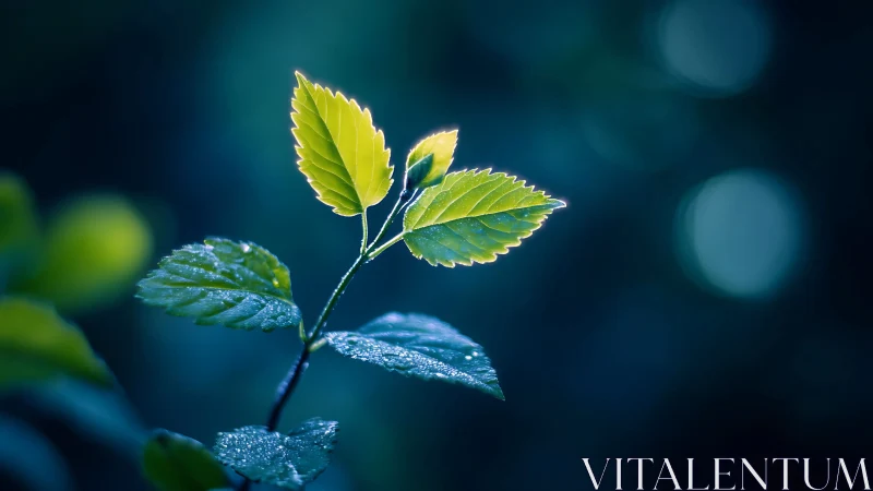 Backlit dew-covered leaves in cool teal bokeh field.