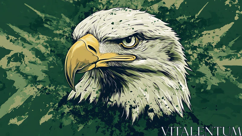 Bold bald eagle head illustration with splattered green background.