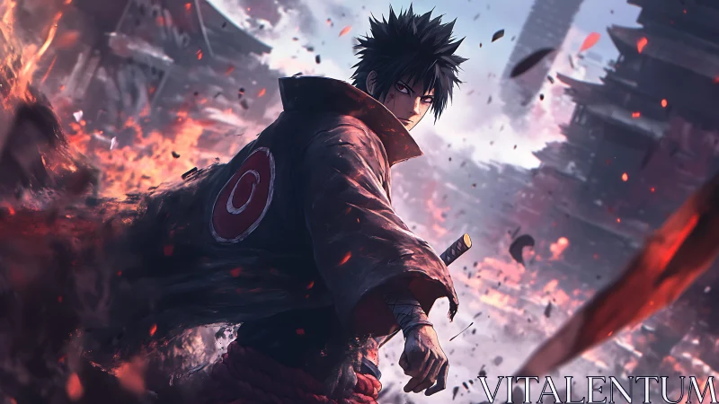 Male anime warrior in burning cityscape with sword drawn.