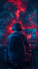 Cosmic gamer at the edge of a neon digital universe.