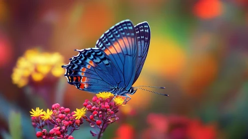 Blue butterfly rests on vivid wildflowers in soft bokeh field