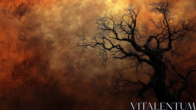 Bent midnight tree sketches inked roots across burning sky