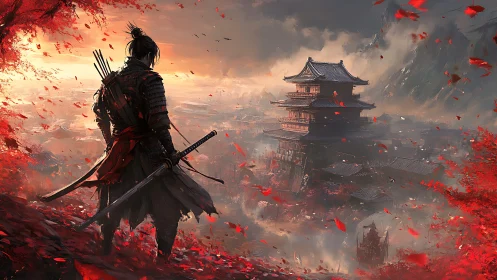 Lone samurai in crimson autumn overlooking misty citadel.