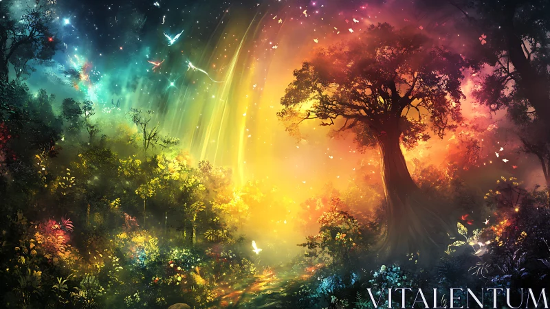 Spectral biome forest under chromatic aurora cascade field.