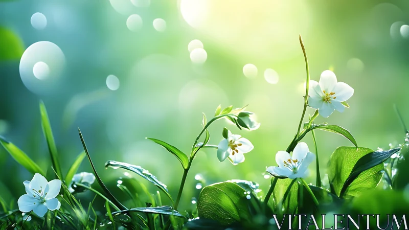 White Spring Flowers in Morning Dew.