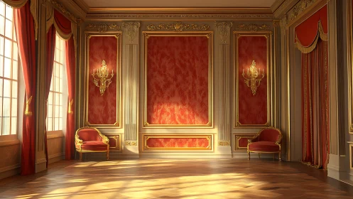 Sunlit neoclassical salon shows red panels and gilded trim