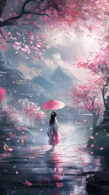 Girl with umbrella in misty cherry blossom garden.