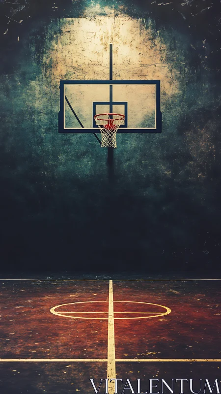 Rust-stained court and lone hoop under a brooding glow.