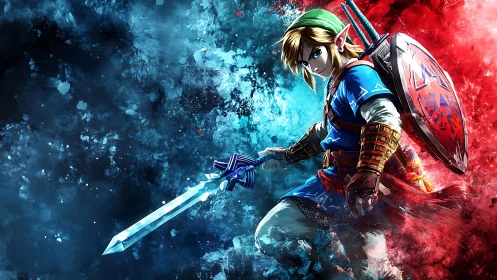 Heroic swordsman poised between swirling fire and frost.