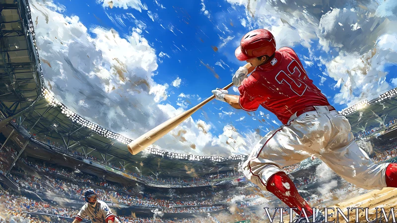 Explosive baseball swing under sweeping stadium sky panorama.