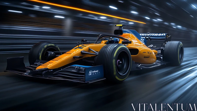 Photorealistic F1 race car in dynamic nocturnal track environment.