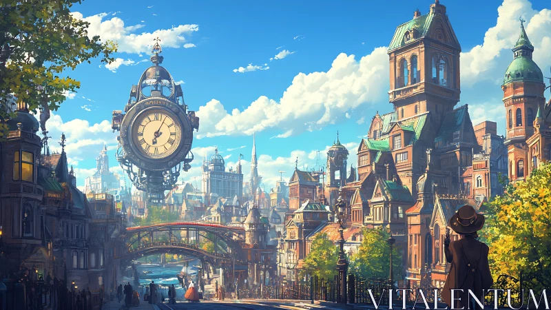 Floating steampunk clock dominates sunlit river cityscape.