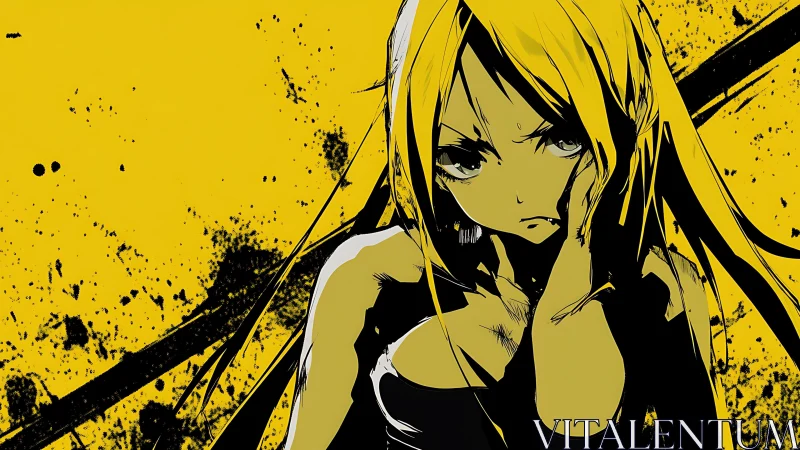Grim yellow girl against splattered ink storm backdrop.