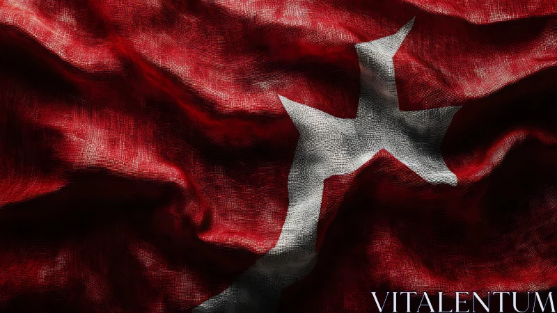 Textured red flag with abstract white cross shape.